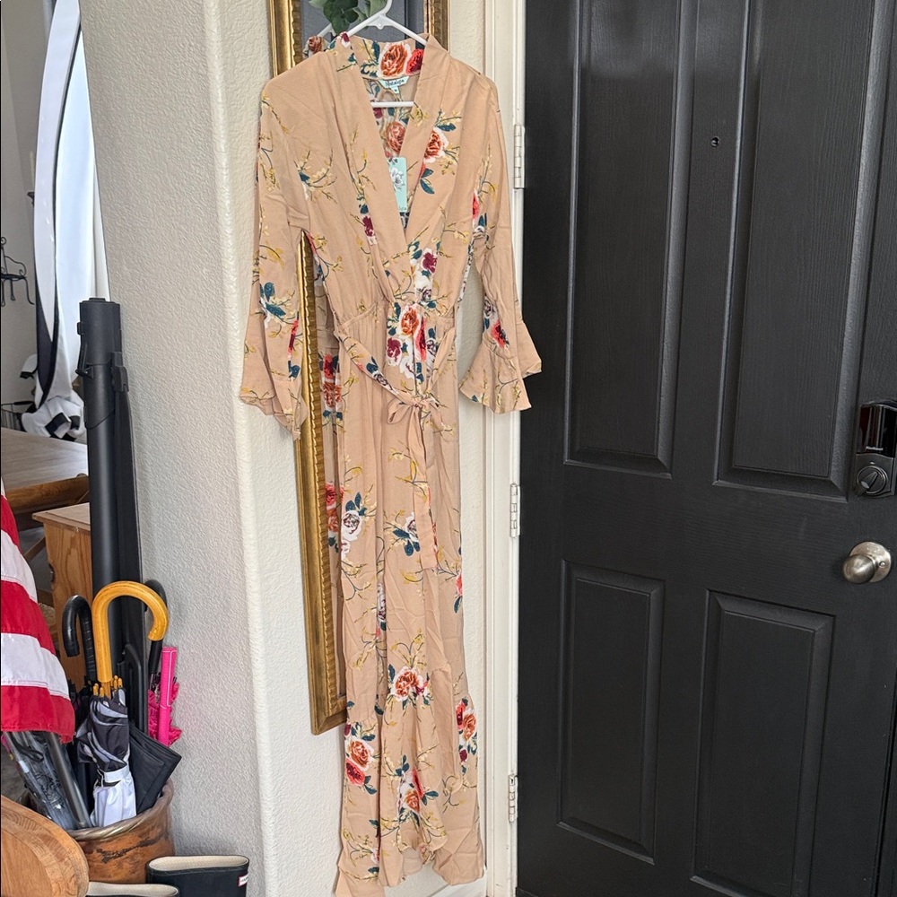Nostalgia Peach Floral Wrap Romper with Tie Waist